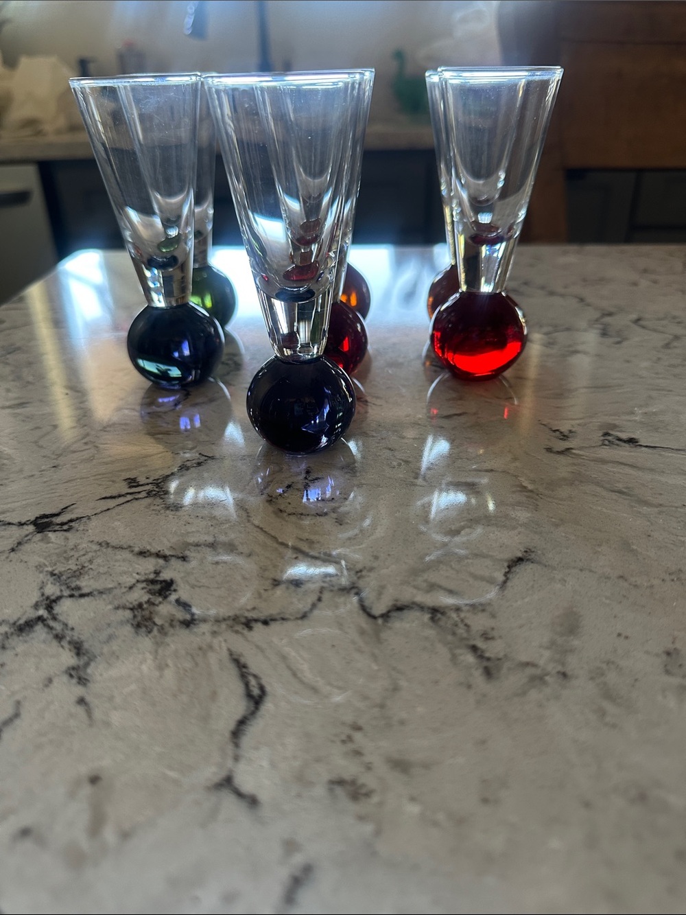 Set of 7 Glass Shot Glasses with Colored Ball Bases